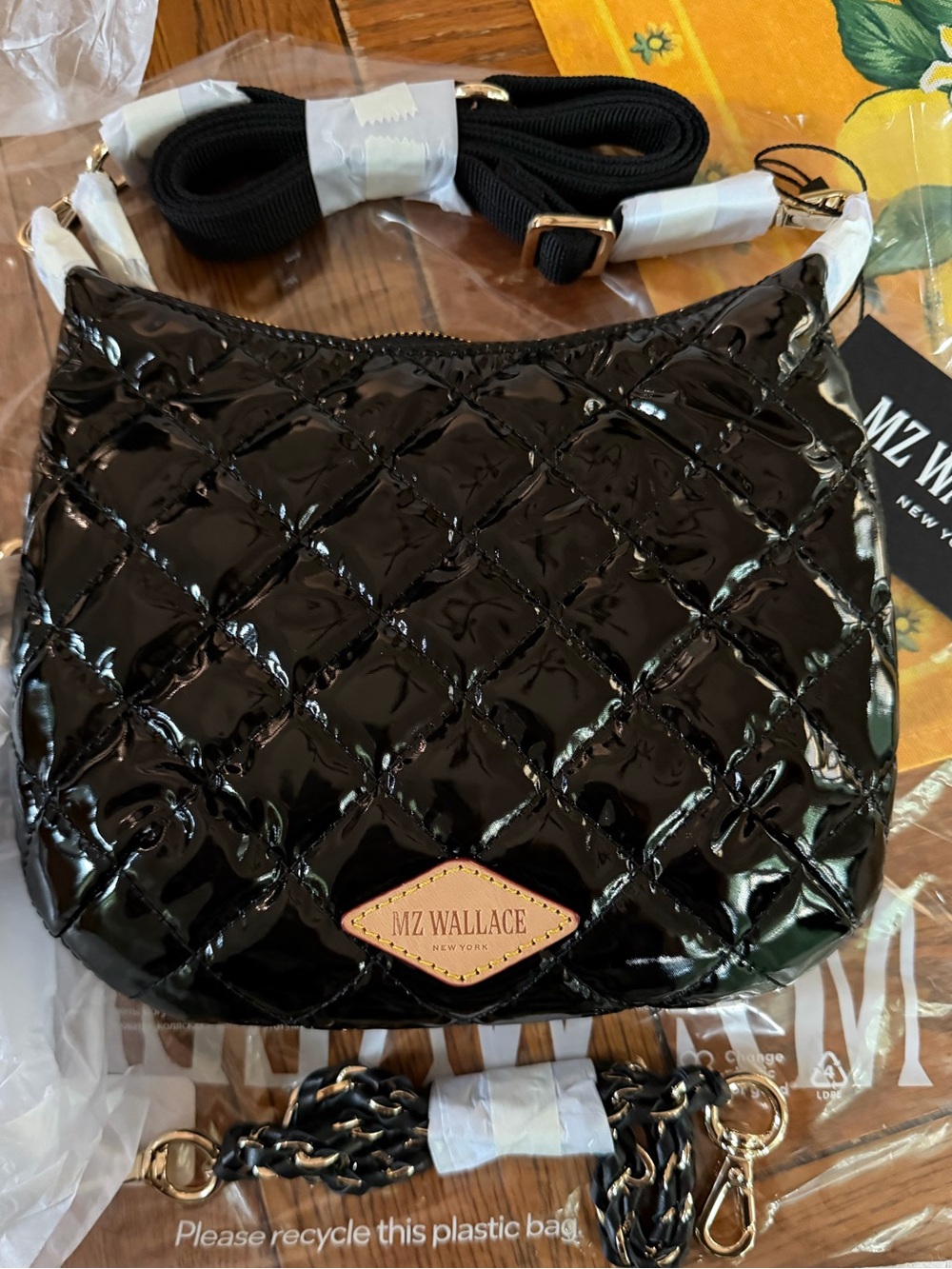 MZ WALLACE Mini Crosby Sienna Black Lacquer Quilted Hobo Bag 3 Straps NWT